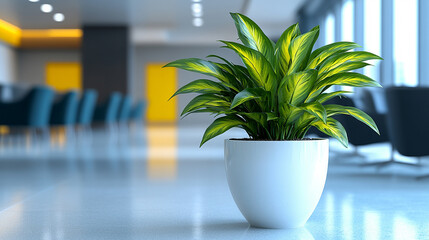 A single vibrant plant thrives in the corner of a bright modern office symbolizing growth fresh starts and positive change its calming presence contrasts with the blurred chaotic backdrop of workplace