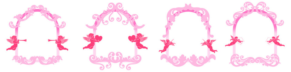 swirls vintage valentine frame with cupid and hearts decoration, for Love wedding and Valentine's day concept romance vector	
