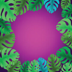 Green tropical leaves with purple gradient mesh abstract background 