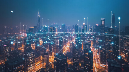 Naklejka premium Smart digital Innovation city with connection network reciprocity over the cityscape. of future smart wireless city and social media networking systems that connects business people with in city