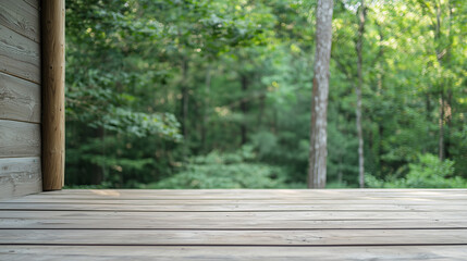 Wooden Deck Overlooking Tranquil Forest:  A rustic wooden deck extends into the frame, offering a serene view of a lush green forest beyond.