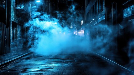 Atmospheric Night Scene with Neon Lights and Smoke in Urban Setting