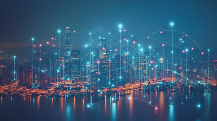 Smart digital Innovation city with connection network reciprocity over the cityscape. of future smart wireless city and social media networking systems that connects business people with in city