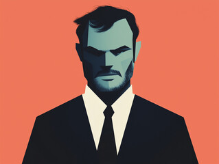Very serious and angry evil businessman in black and white suit