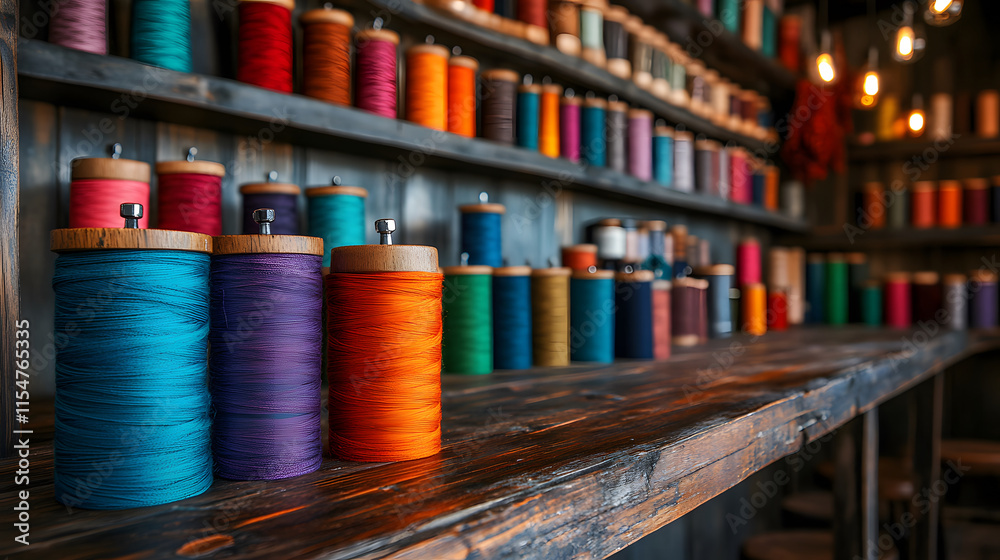 Poster colorful spools of thread displayed on a rustic wooden shelf in a well-lit craft studio