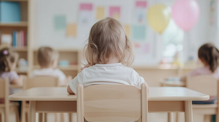 Little Learner: A young child sits at a desk in a classroom, facing away from the camera,...