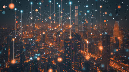 Fototapeta premium Smart digital Innovation city with connection network reciprocity over the cityscape. of future smart wireless city and social media networking systems that connects business people with in city