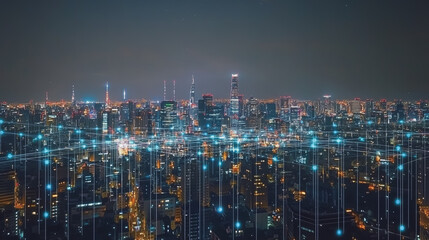 Obraz premium Smart digital Innovation city with connection network reciprocity over the cityscape. of future smart wireless city and social media networking systems that connects business people with in city