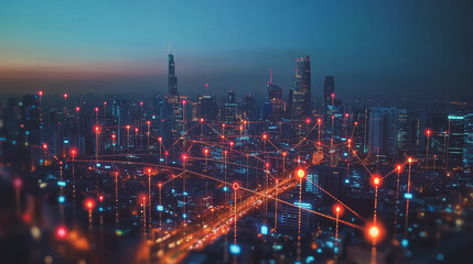 Obraz premium Smart digital Innovation city with connection network reciprocity over the cityscape. of future smart wireless city and social media networking systems that connects business people with in city