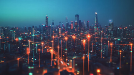 Fototapeta premium Smart digital Innovation city with connection network reciprocity over the cityscape. of future smart wireless city and social media networking systems that connects business people with in city