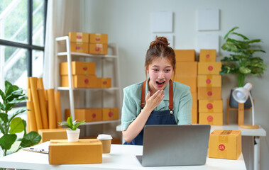 Startup, small business, SME owner, female entrepreneur working to pack parcels, showing happy expression, business success. Good feedback from customers independent business idea.