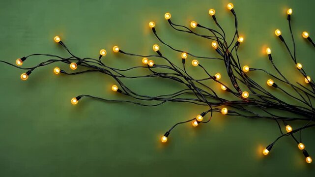 A tangle of glowing string lights on a green background.