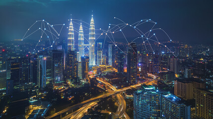 Fototapeta premium Smart digital Innovation city with connection network reciprocity over the cityscape. of future smart wireless city and social media networking systems that connects business people with in city