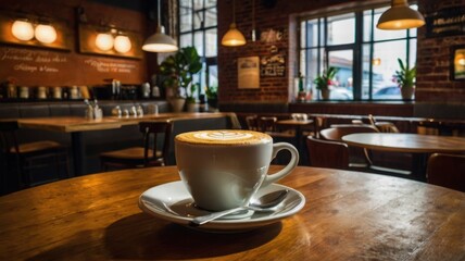 Fototapeta premium Cozy Coffee Cup on Wooden Table in Modern Cafe Interior