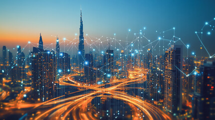 Fototapeta premium Smart digital Innovation city with connection network reciprocity over the cityscape. of future smart wireless city and social media networking systems that connects business people with in city