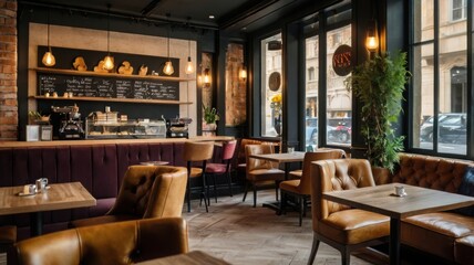 Fototapeta premium Cozy Urban Café Interior with Brown Leather Chairs and Warm Lighting