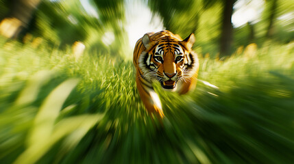 a tiger rapidly approaching, creating a sense of immediacy and raw power.