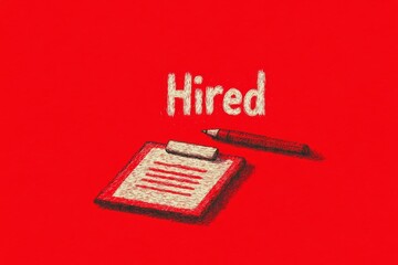 A stylized flat design of a recruiter desk with a clipboard, resume, and a simple digital â€œHiredâ€ sign