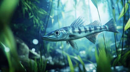 Fototapeta premium Aquatic fish swimming in vibrant underwater plants.