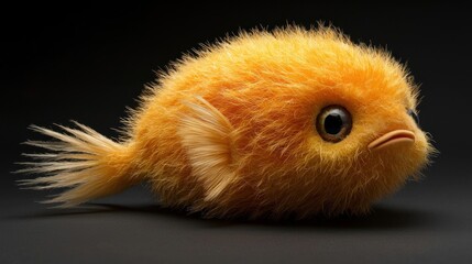 Obraz premium Cute orange fluffy fish toy on black background.