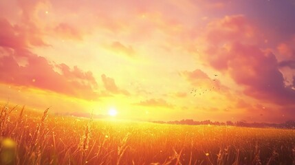 Peaceful Sunset Over Golden Fields in Countryside Landscape
