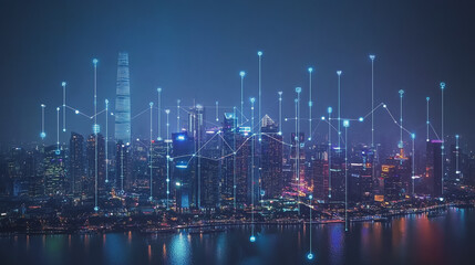 Fototapeta premium Smart digital Innovation city with connection network reciprocity over the cityscape. of future smart wireless city and social media networking systems that connects business people with in city