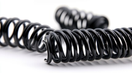 Close-up of three black spiral springs on white background.