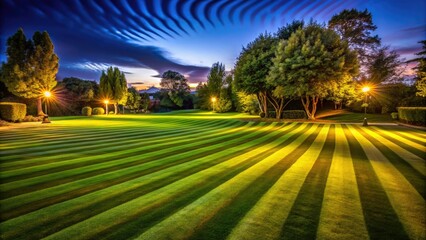 Obraz premium Night's embrace reveals dark green lawn stripes, a landscape bathed in low light, nature's nocturnal beauty.