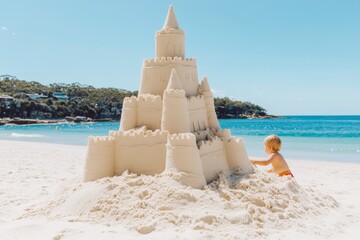 A young child helping their sibling build a sandcastle at the beach, with soft, sunny lighting