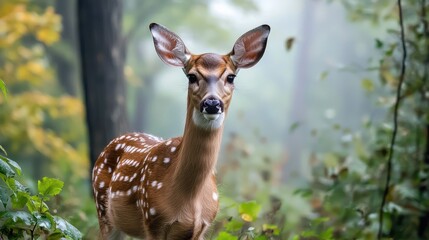 White-tailed deer fawn in autumn forest.
