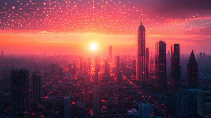 Fototapeta premium A digital representation of a smart city with abstract dots connected by gradient lines and intricate wave-like designs, symbolizing the connection of big data and technological advancements in urban 