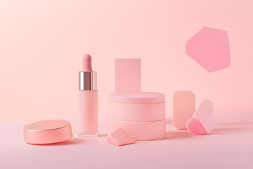 Beauty product display studio setting photography soft pink palette close-up view aesthetic appeal for skincare and makeup