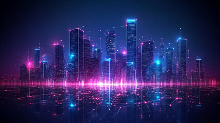 A digital representation of a smart city with abstract dots connected by gradient lines and intricate wave-like designs, symbolizing the connection of big data and technological advancements in urban 