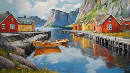 Fototapeta premium A Nordic village by a fjord, quaint wooden houses painted in red and yellow, surrounded by rugged cliffs, a wooden pier with fishing boats, reflections in the still water 