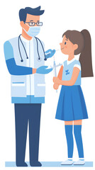 Fototapeta premium Healthcare professional administers vaccine to young girl in clinic setting illustrating pediatric care and prevention