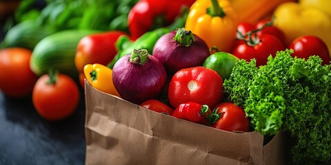 Full paper bag with food. Flat lay. A filled paper bag with a variety of different healthy foods. on a white background.