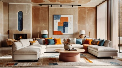 modern luxurious living room, floor-to-ceiling windows, city skyline view, abstract colorful wall art, white modular sofa, orange accent pillows, round wooden coffee table, beige rug, warm lighting, m
