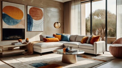 Fototapeta premium modern luxurious living room, floor-to-ceiling windows, city skyline view, abstract colorful wall art, white modular sofa, orange accent pillows, round wooden coffee table, beige rug, warm lighting, m