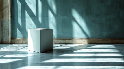 Solitary cube of light casting gradient shadow across smooth surface evokes themes of order within...