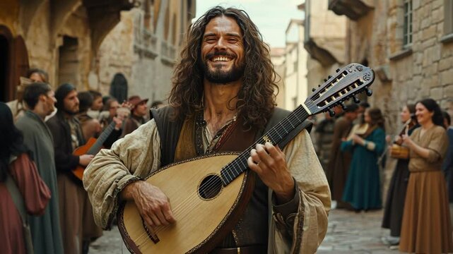 A joyful musician plays a lute in a lively medieval street festival.