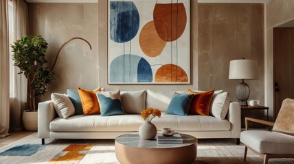modern luxurious living room, floor-to-ceiling windows, city skyline view, abstract colorful wall art, white modular sofa, orange accent pillows, round wooden coffee table, beige rug, warm lighting, m