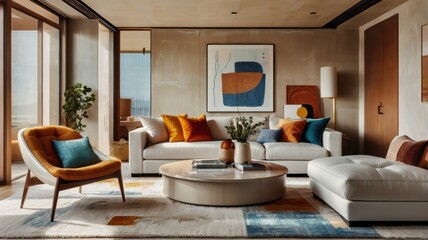 Fototapeta premium modern luxurious living room, floor-to-ceiling windows, city skyline view, abstract colorful wall art, white modular sofa, orange accent pillows, round wooden coffee table, beige rug, warm lighting, m