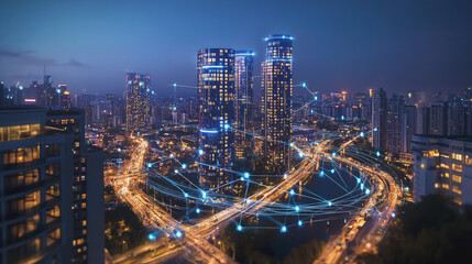 Obraz premium Smart digital Innovation city with connection network reciprocity over the cityscape. of future smart wireless city and social media networking systems that connects business people with in city