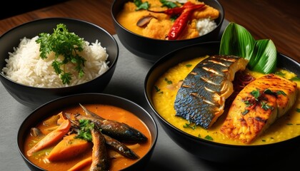 Upscale Dinner Set Featuring Various Fish Dishes with White Rice in Elegant Black Bowls