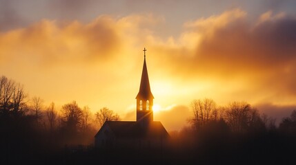 Obraz premium Serene Sunrise Over Church Steeple Amidst Majestic Cloudscape