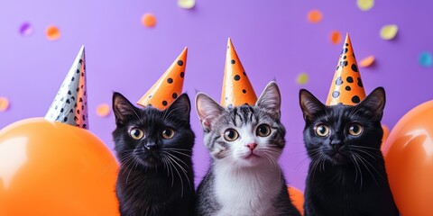 Obraz premium Cute cats wearing party hats, Halloween party, black cats and gray tabby, orange balloons, purple background, confetti, festive atmosphere, whimsical pet portrait, high detail, studio lighting, vibran