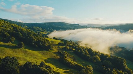 Serene Landscape with Rolling Hills and Misty Valleys at Sunrise