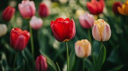 Fototapeta premium Vibrant Tulip Garden with Colorful Blooms in Soft Natural Light