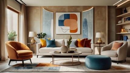 modern luxurious living room, floor-to-ceiling windows, city skyline view, abstract colorful wall art, white modular sofa, orange accent pillows, round wooden coffee table, beige rug, warm lighting, m