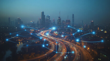 Fototapeta premium Smart digital Innovation city with connection network reciprocity over the cityscape. of future smart wireless city and social media networking systems that connects business people with in city